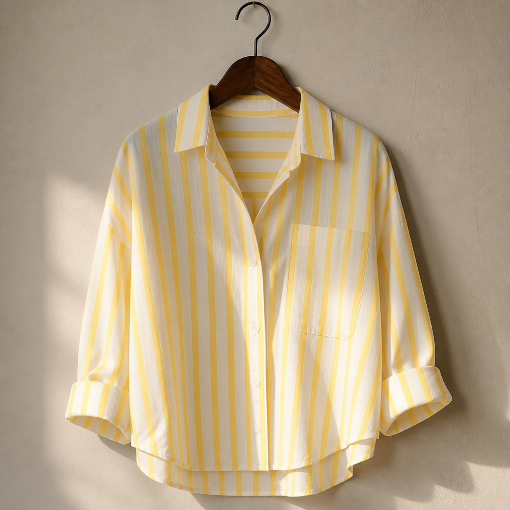 Yellow and white vertical striped shirt women spring and autumn new shirt European casual explosive long-sleeved shirt, isolé