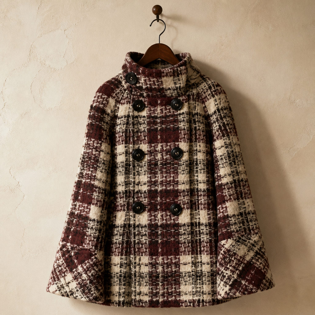 Warm Checkered Turtleneck Shoulder Straight Coat Women Double Breasted Full Sleeve Middle Long Coat Lady Autumn Winter Chic Coat, isolé