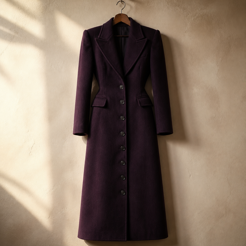 Women's Long Coat Slim V Neck Single Breasted Overcoats Shoulder Pad Maxi Jackets with Belt 2025 New Winter Lady Commute Outwear, isolé