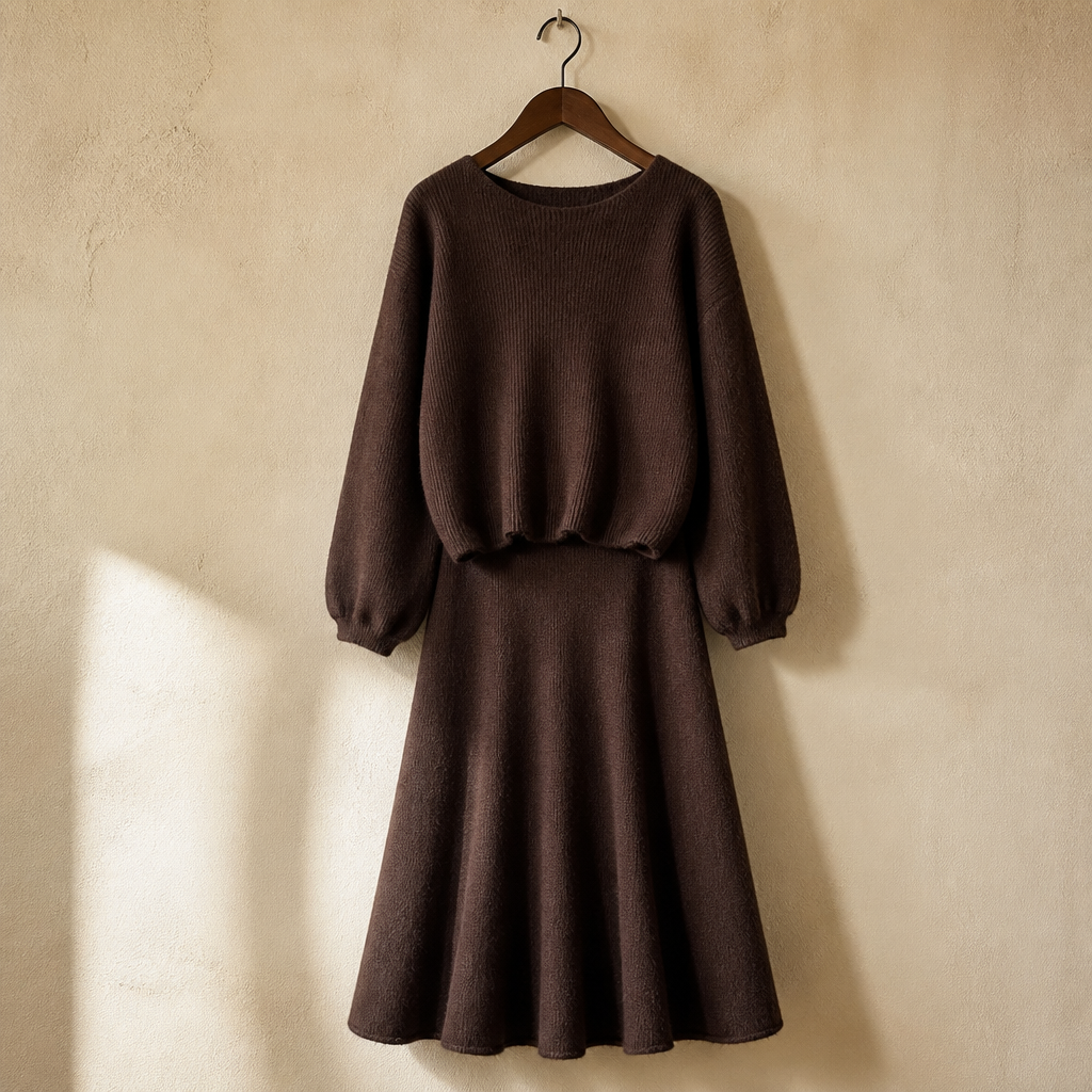 SINGREINY Autumn Casual Two Pieces Sets Women O-Neck Loose Knitting Top+Elastic Waist Large Swing Skirt Basic Korean Winter Sets, isolé