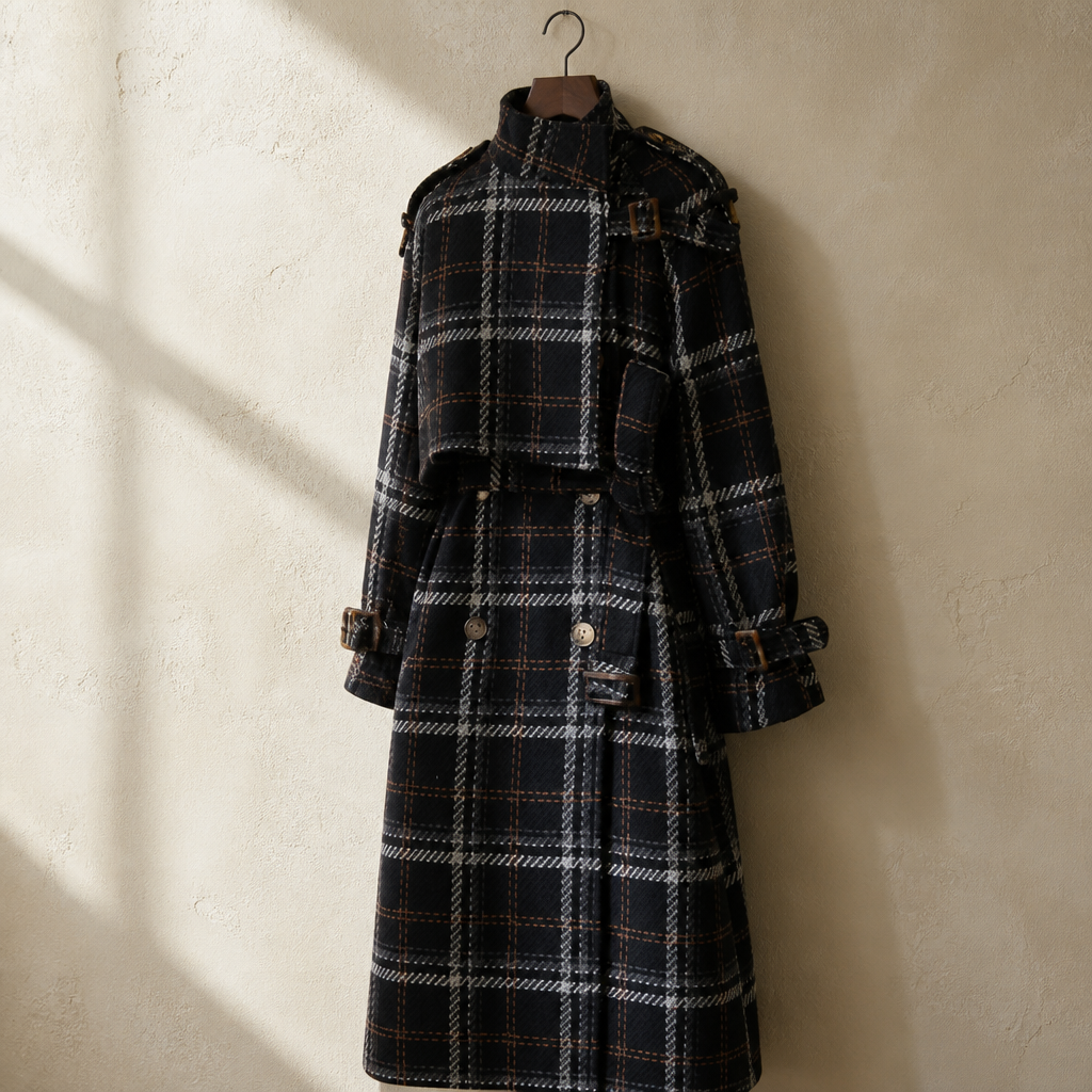 Lautaro Autumn Winter Long Loose Warm Plaid Wool Blends Trench Coat for Women Raglan Sleeve Belt Double Breasted Woolen Overcoat, isolé
