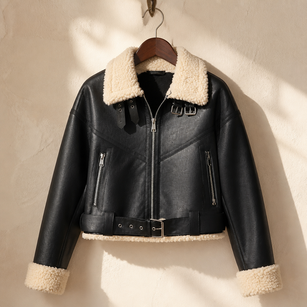 Ailegogo Winter Women Streetwear Faux Lamb Leather Fur Short Jacket with Belt Moto Biker Thick Warm Sheepskin Coat Outwear, isolé