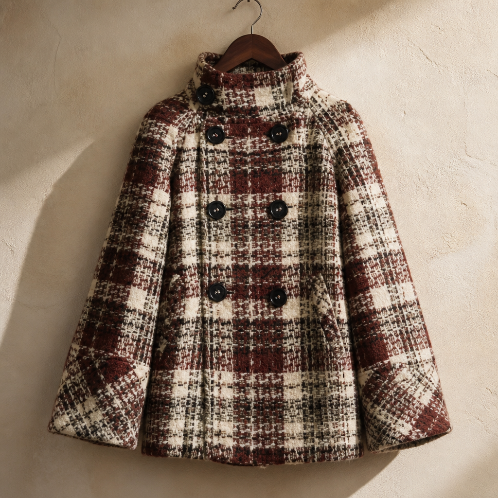 Warm Checkered Turtleneck Shoulder Straight Coat Women Double Breasted Full Sleeve Middle Long Coat Lady Autumn Winter Chic Coat, isolé