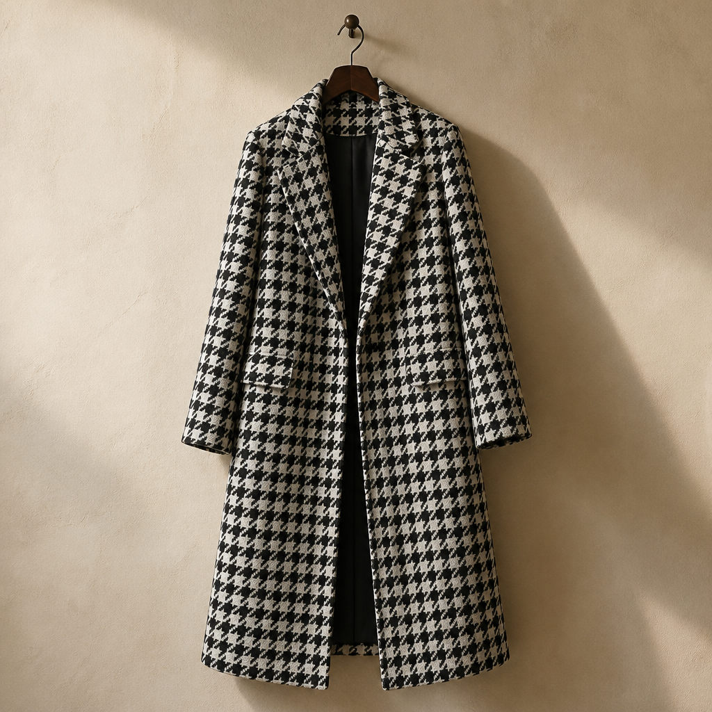 Women Autumn Winter Woolen Coat 2025 New Women Double Breasted Coat Korean Houndstooth Mid-Length Woolen Coat Lady Winter Jacket, isolé