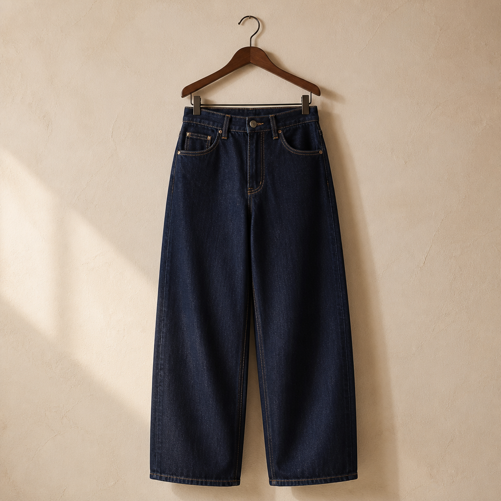 Women’s high-waisted barrel jeans, Y2K-style unwashed dark blue denim, large trousers with contrast stitching, comfortable casual streetwear fit, sizes XS–XL sold individually FX5379-6, isolé