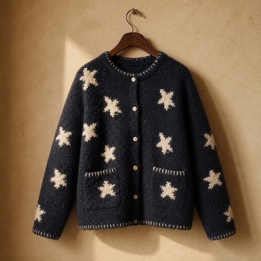 Vintage Star Knitted Cardigan Women Harajuku Print Sweater Outerwears Winter Korean Long Sleeve Knitwears Ladies Casual Jumpers, isolé