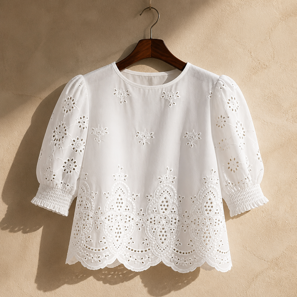 French White Eyelet Lace Blouse Women, Summer Puff Sleeve Loose Top, isolé