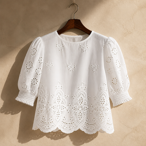 French White Eyelet Lace Blouse Women, Summer Puff Sleeve Loose Top, isolé