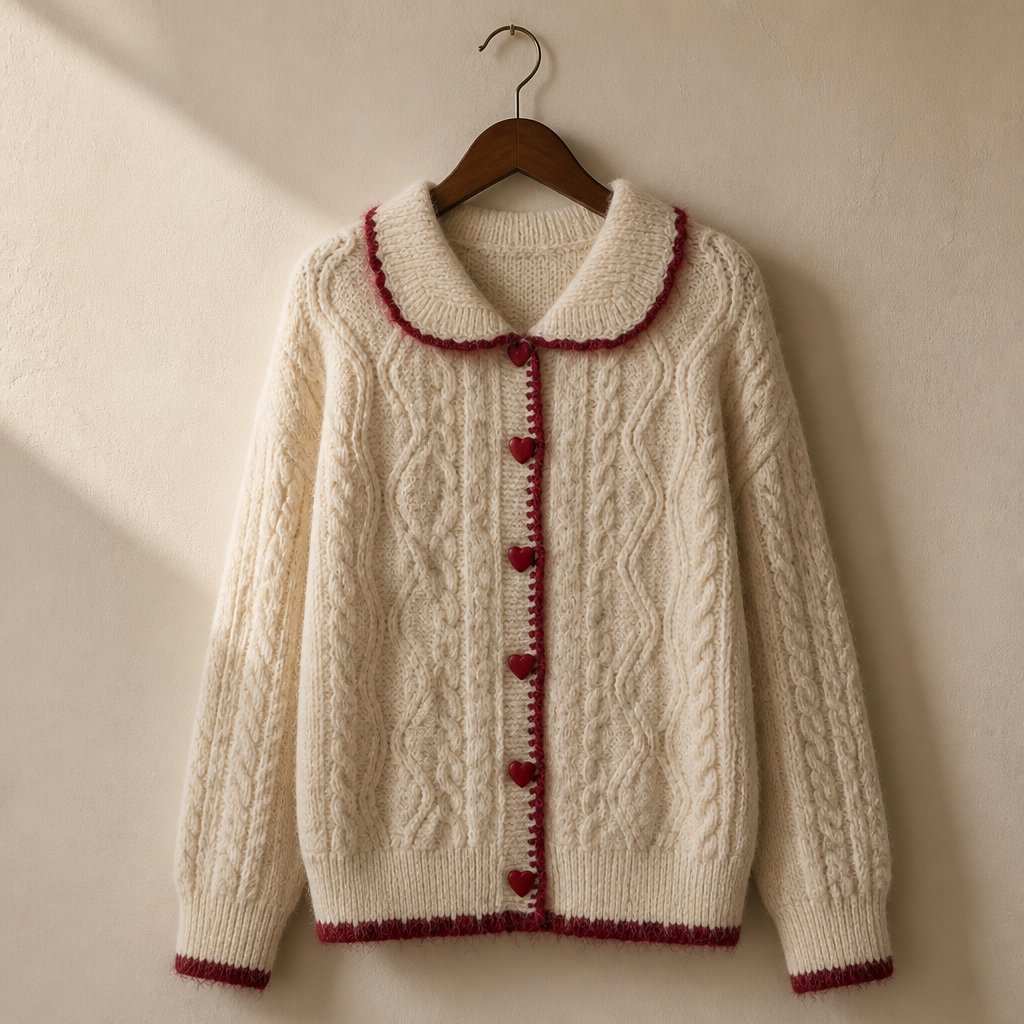 2026 Autumn Winter Retro Love Button Knitted Sweater Women Outer Wear Lazy Style Doll Collar Twist Cardigan Loose Sweater Tops, isolé