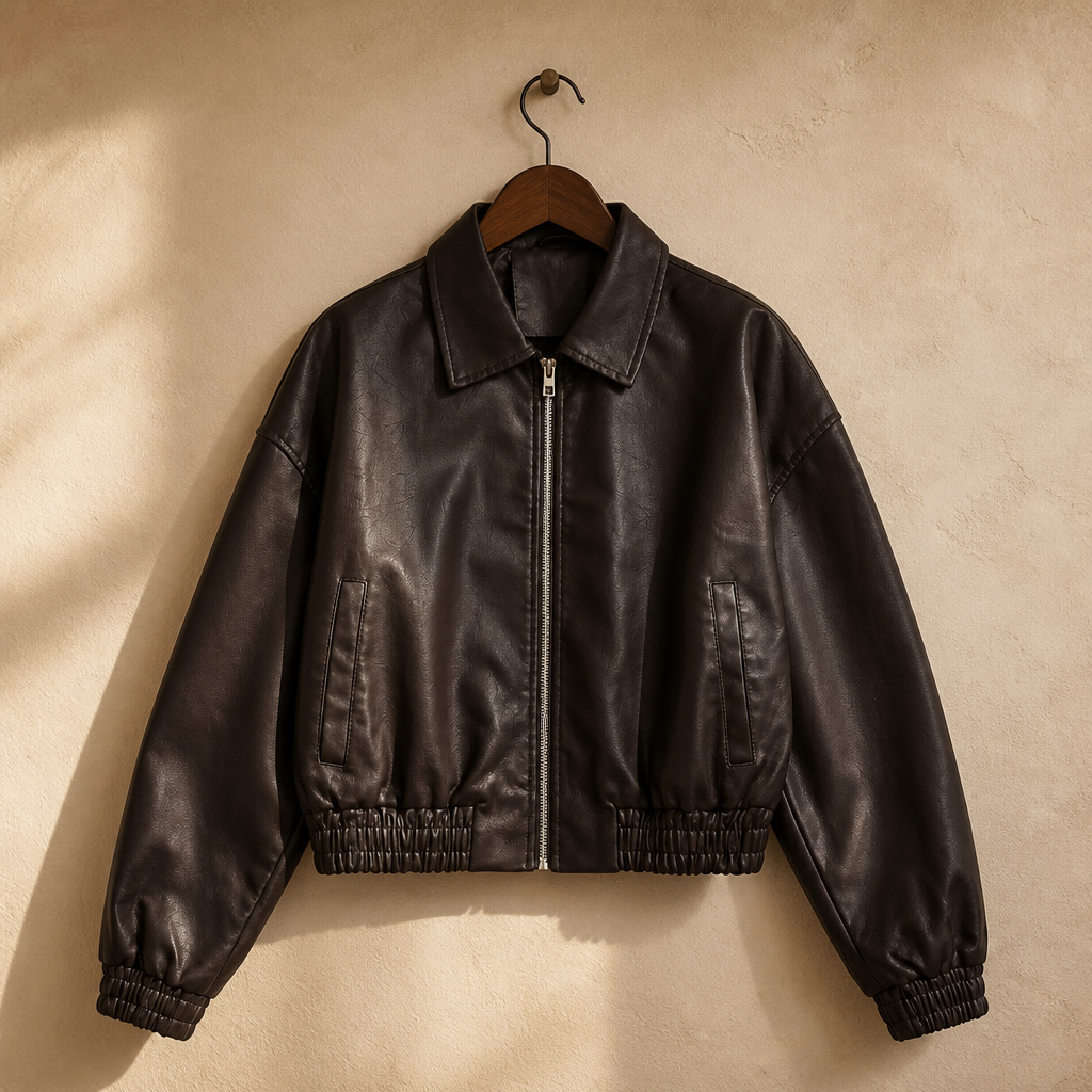 Vintage PU Leather Bomber Jackets 2025 Autumn New Ladies Zipper Lapel Long Sleeve Pocket Coat Brand Women's Loose Streetwear Hot, isolé