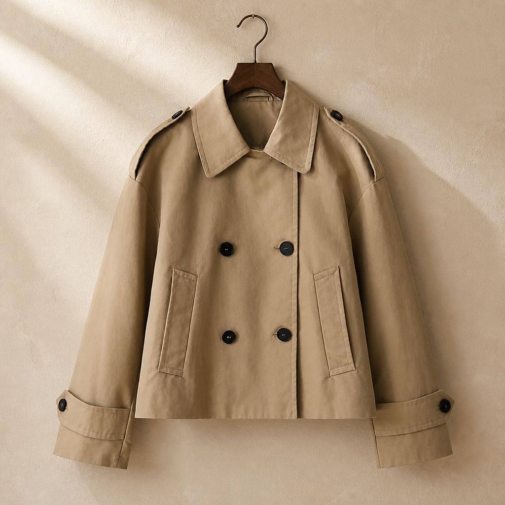 Willshela Women Fashion Khaki Double Breasted Short Trench Jacket Vintage Notched Neck Long Sleeve Female Chic Lady Coat Outfits, isolé