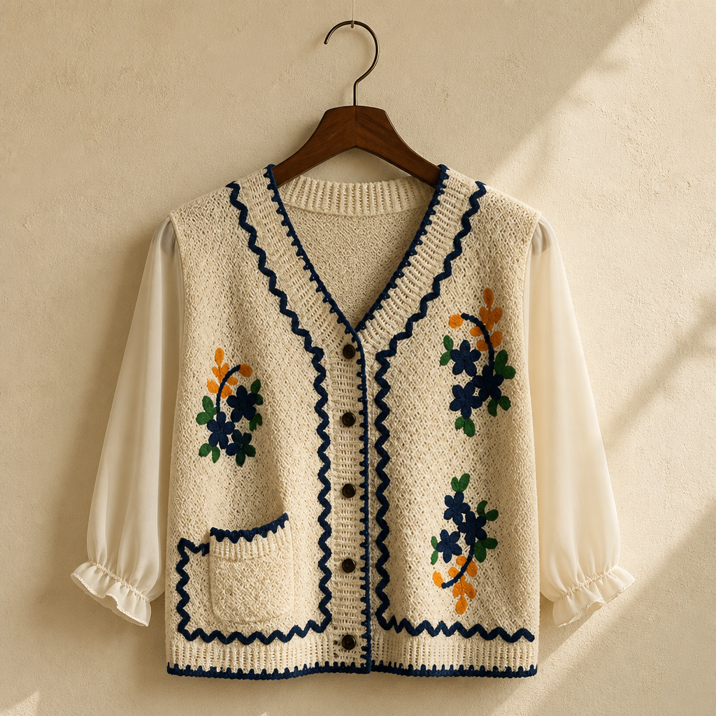 Flower Embroidery Crochet Blouse with Chiffon Sleeve Button Front Cardigan Top Women Spring Summer Fairycore Cottagecore, isolé