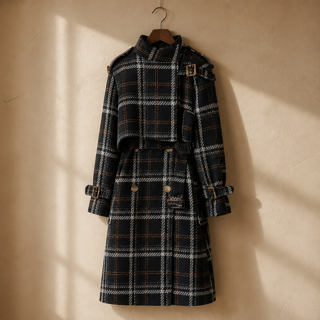 Lautaro Autumn Winter Long Loose Warm Plaid Wool Blends Trench Coat for Women Raglan Sleeve Belt Double Breasted Woolen Overcoat, isolé