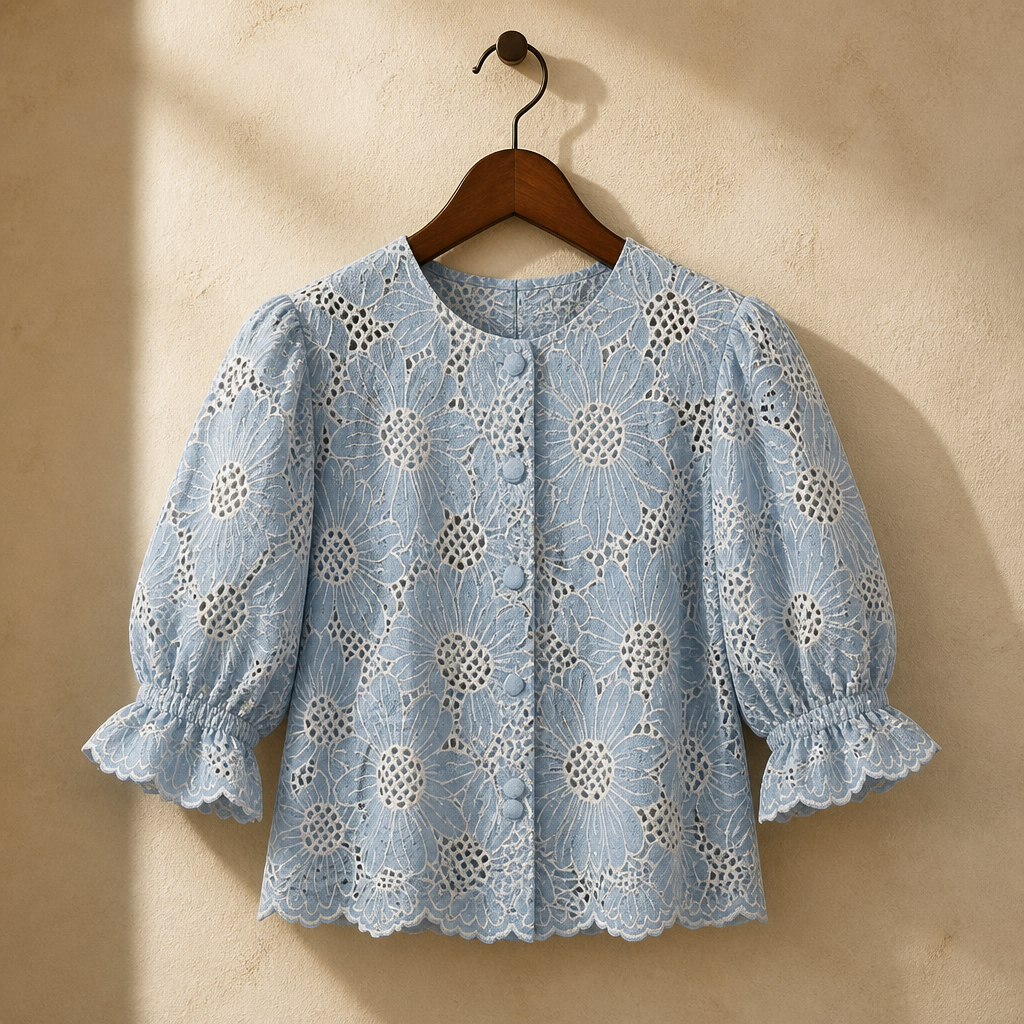 Oymimi Fashion Blue Print Women's Shirt Elegant O-Neck Hollow Out Half Sleeve Shirts Summer Autumn Single Breasted Cotton Shirts, isolé