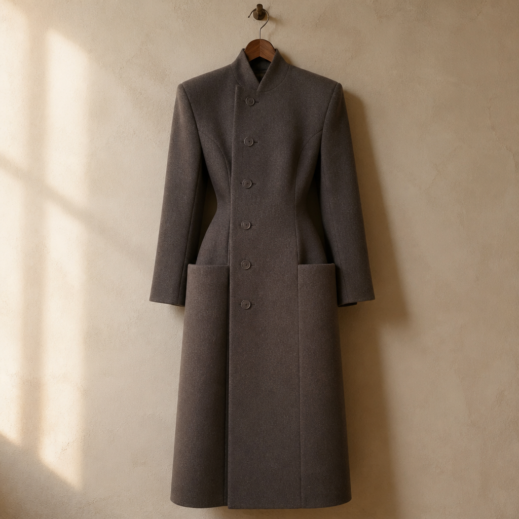 Women's Long Coat Slim V Neck Single Breasted Overcoats Shoulder Pad Maxi Jackets with Belt 2025 New Winter Lady Commute Outwear, isolé
