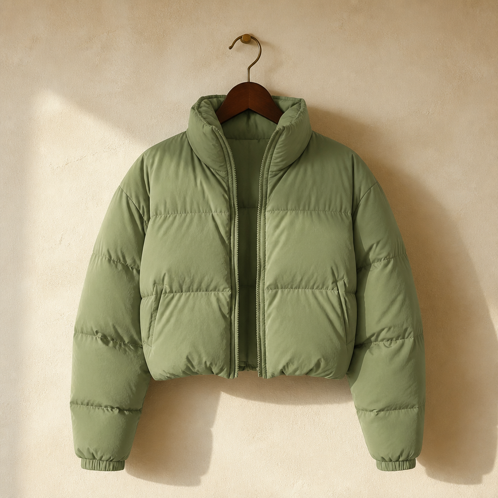 Doudoune courte zippée vert olive, isolé