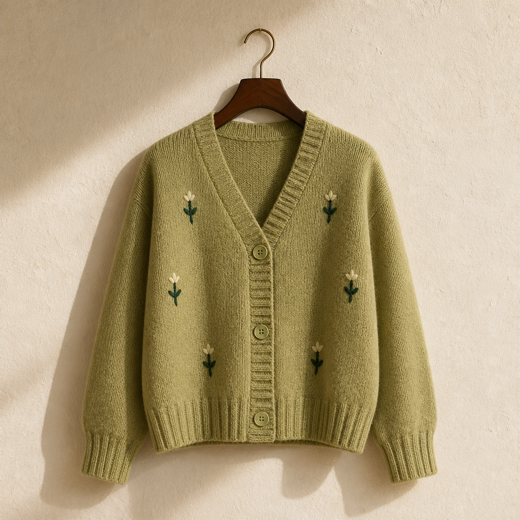 OCEANLOVE Short Cardigans Sweet Embroidered Floral Japan Style Women Sweaters Kawaii V Neck Green Autumn Winter Chaquetas, isolé