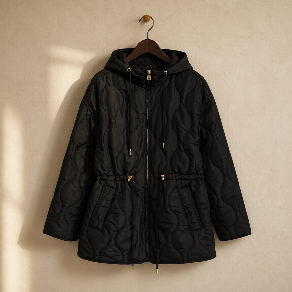 ETJ 2025 winter new women's fashion vertical collar tie up hooded waist quilted jacket light warm loose cotton jacket, isolé