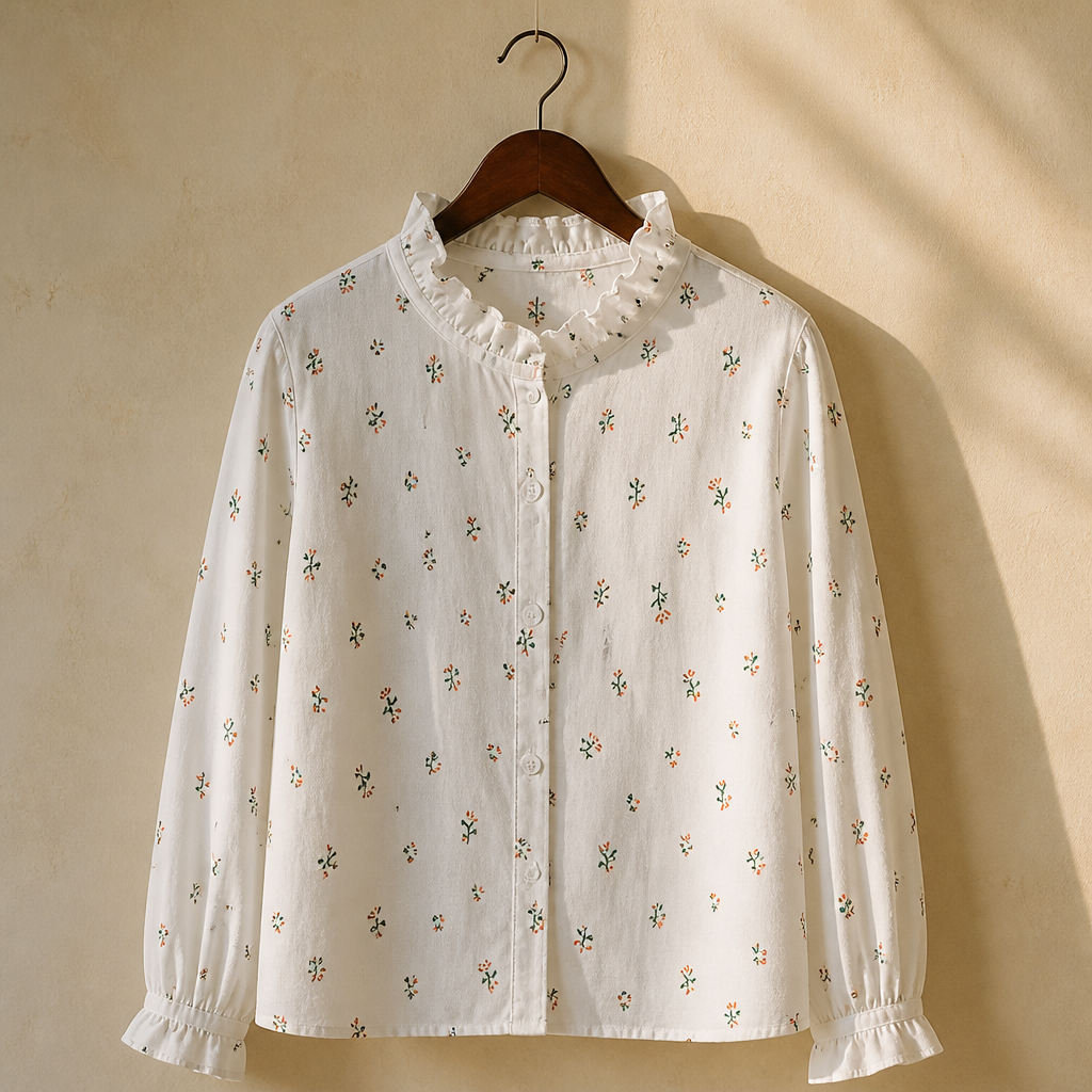 New Autumn 2 Layer Cotton Yarn Floral Shirts Women Ruffled Collar Tops Long Sleeve Loose Casual Blouses Spring 2023 T37959JM, isolé