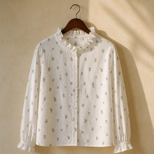 New Autumn 2 Layer Cotton Yarn Floral Shirts Women Ruffled Collar Tops Long Sleeve Loose Casual Blouses Spring 2023 T37959JM, isolé