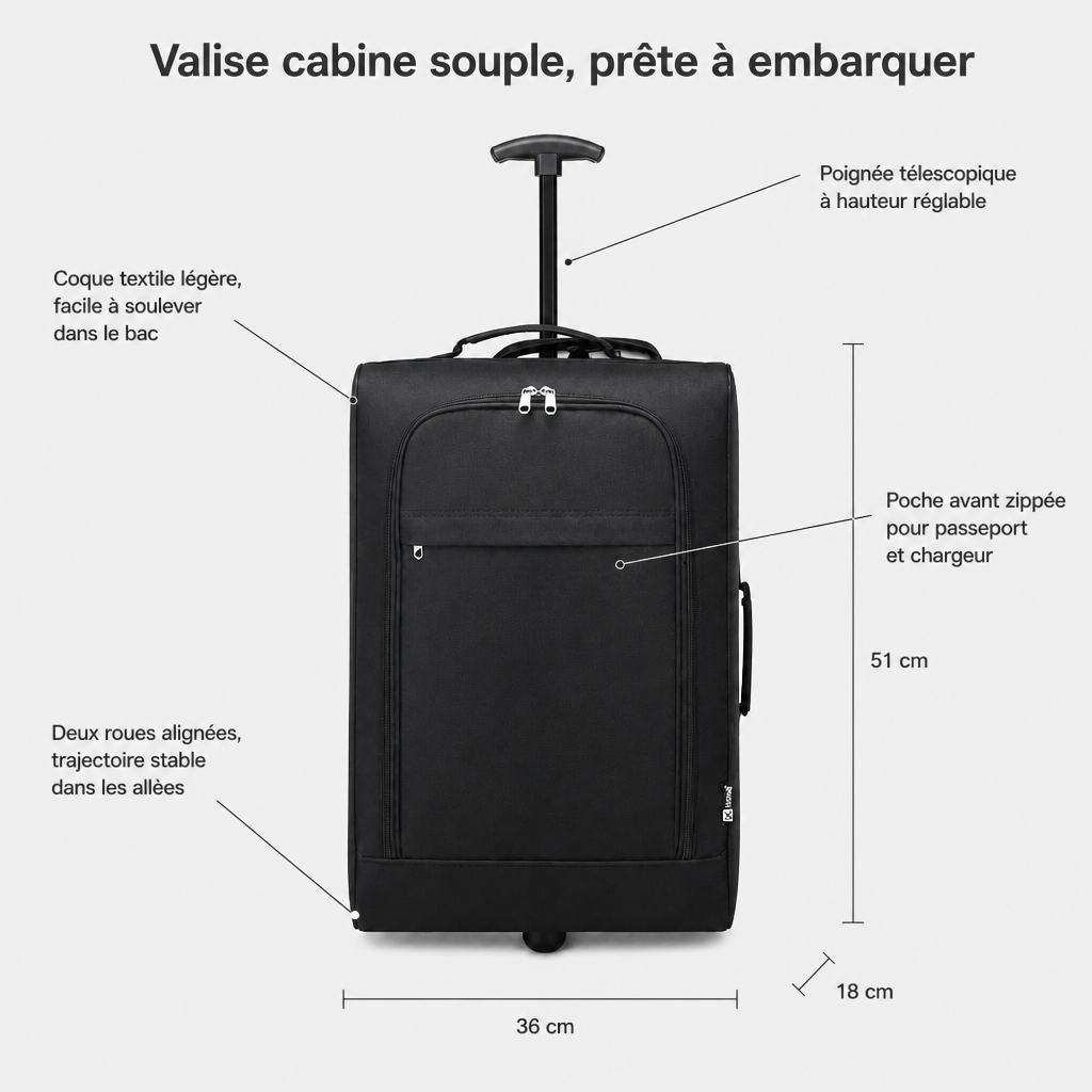 Valise cabine souple noire, dimensions FR