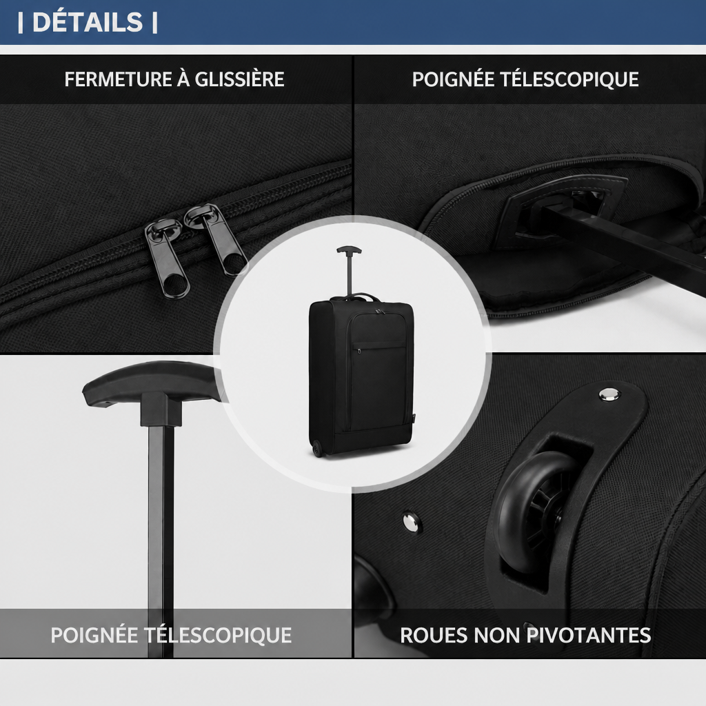 Valise cabine souple noire, schéma FR