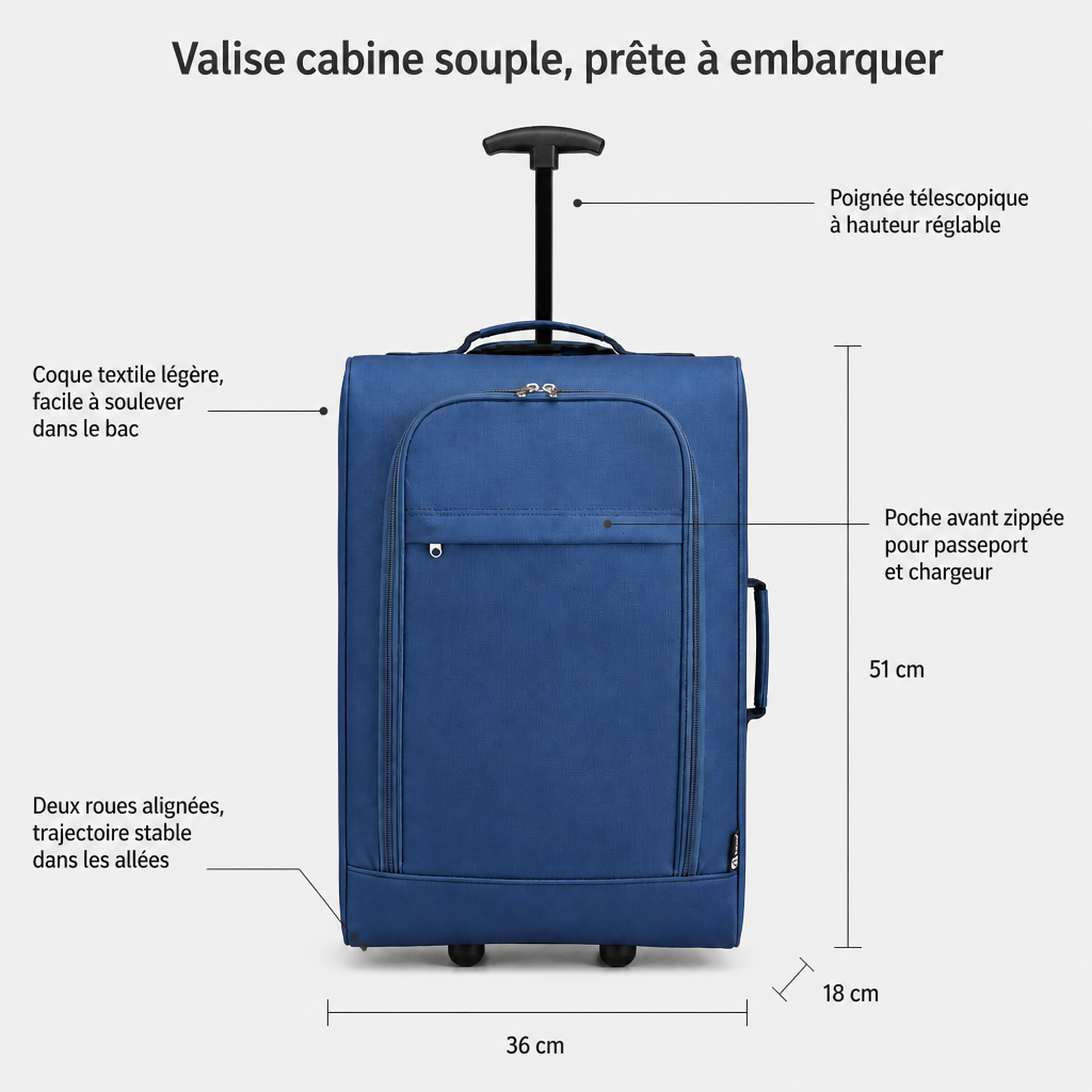Valise cabine souple bleue, dimensions FR