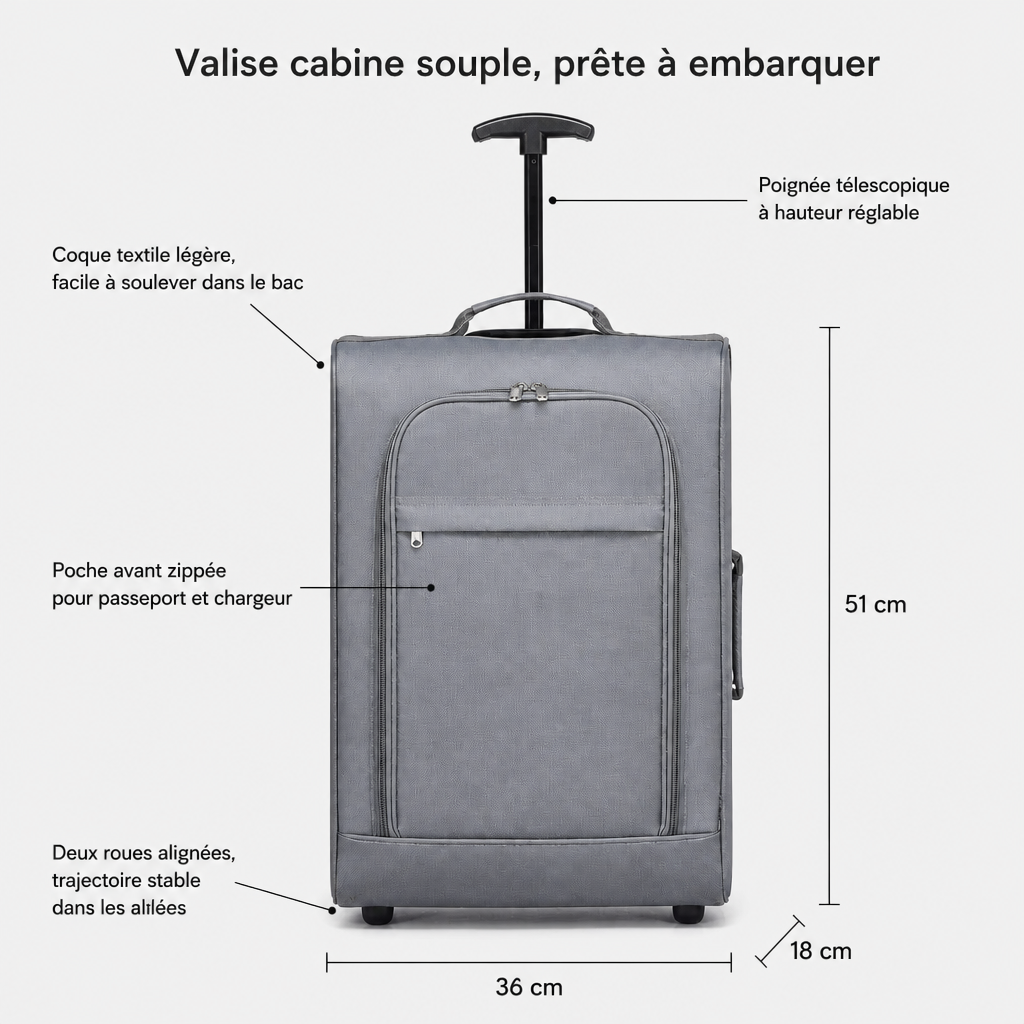 Valise cabine souple grise, dimensions FR