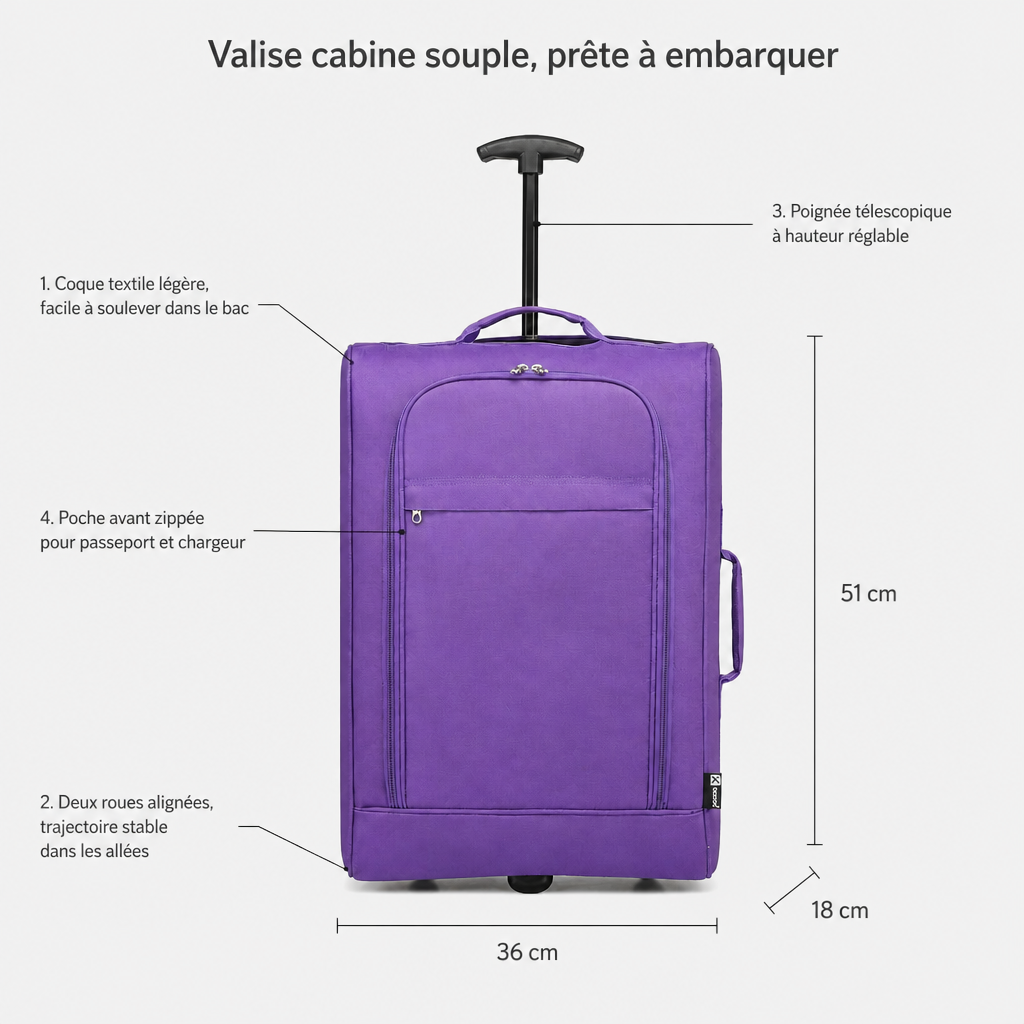Valise cabine souple violette, dimensions FR