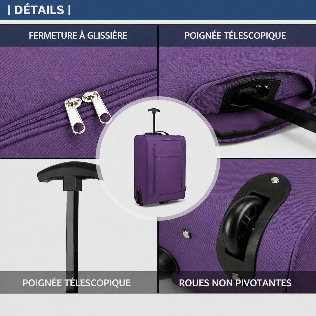 Valise cabine souple violette, schéma FR