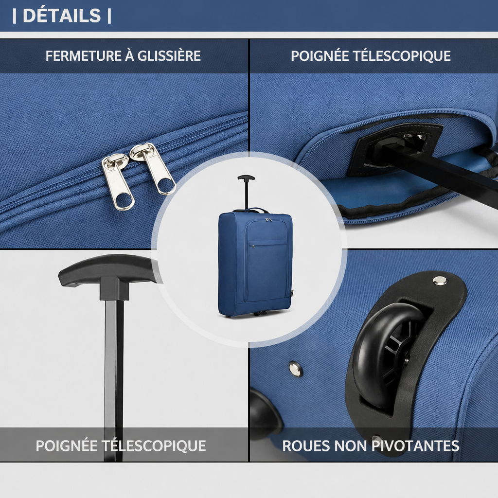 Valise cabine souple bleue, schéma FR