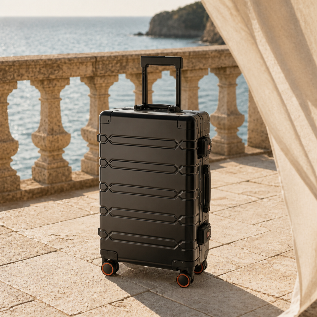 Valise cabine en aluminium noir — Gaston, photo lifestyle