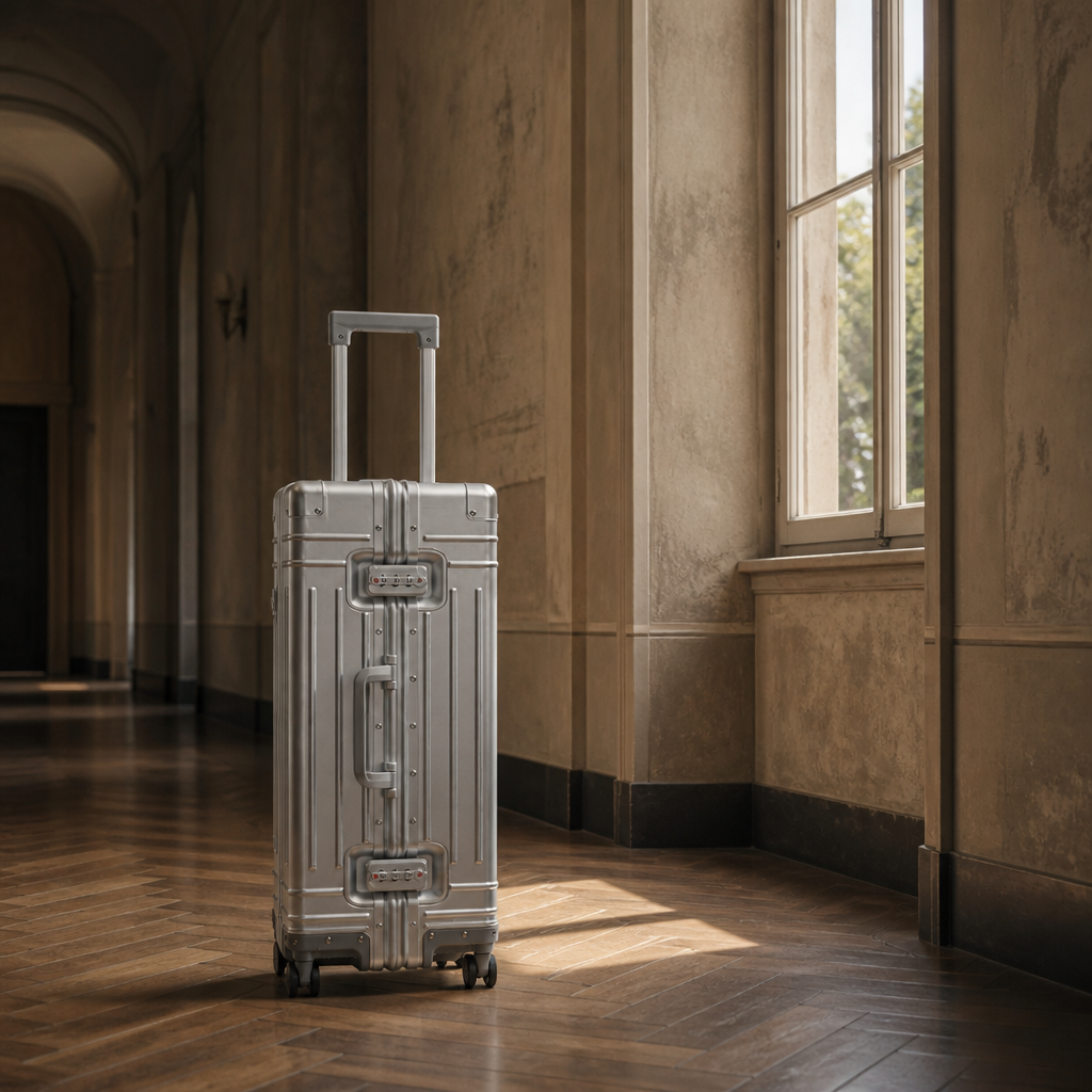 Valise coque en aluminium argent — Simone, photo lifestyle