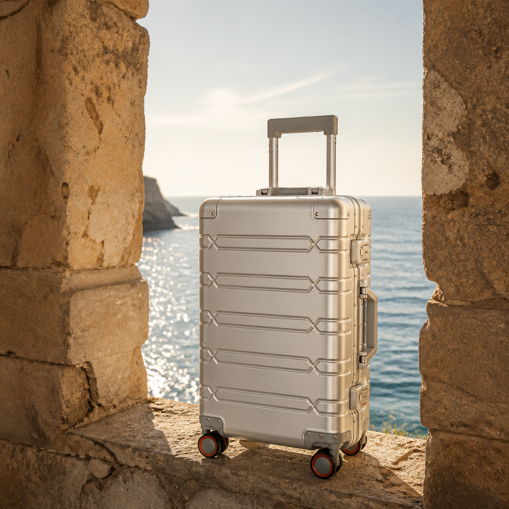 Valise cabine en aluminium argent — Maurice, photo lifestyle