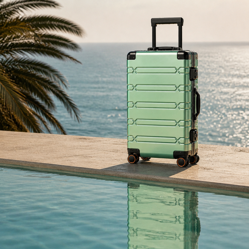 Valise cabine en aluminium verte — Hortense, photo lifestyle