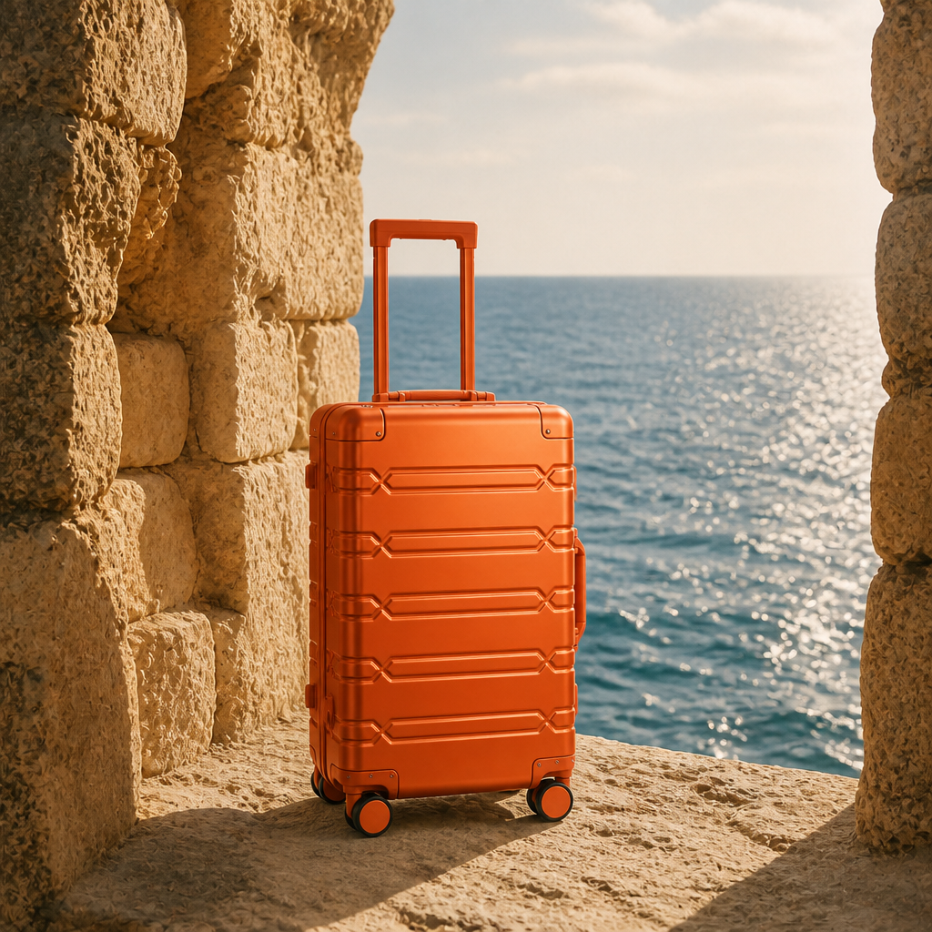 Valise cabine en aluminium orange — Georgette, photo lifestyle