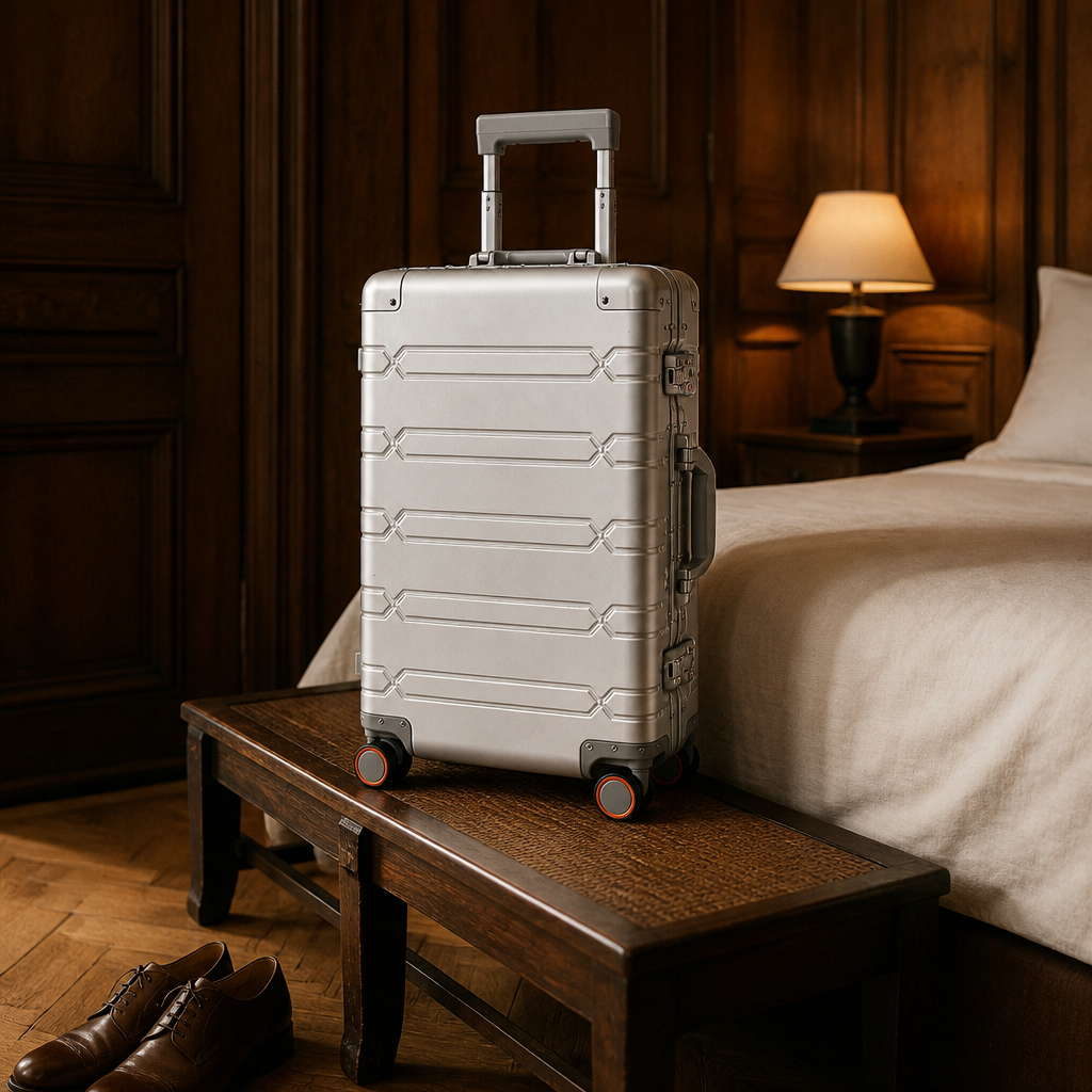 Valise cabine en aluminium argent — Henri, photo lifestyle