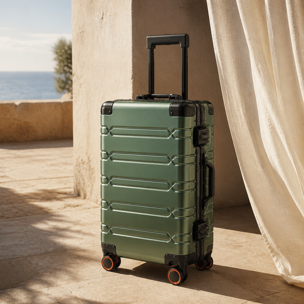 Valise cabine en aluminium vert foncé — Léon, photo lifestyle