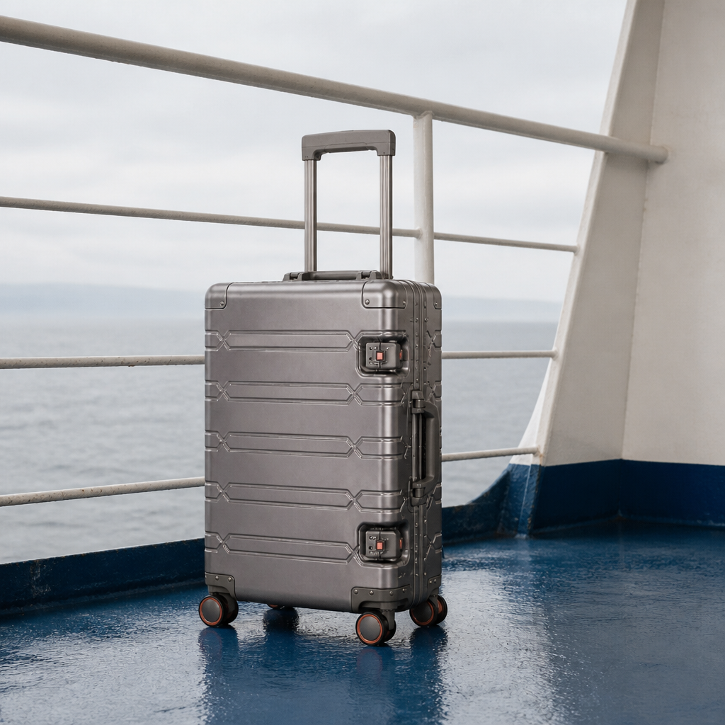 Valise cabine en aluminium or titane — Odette, photo lifestyle