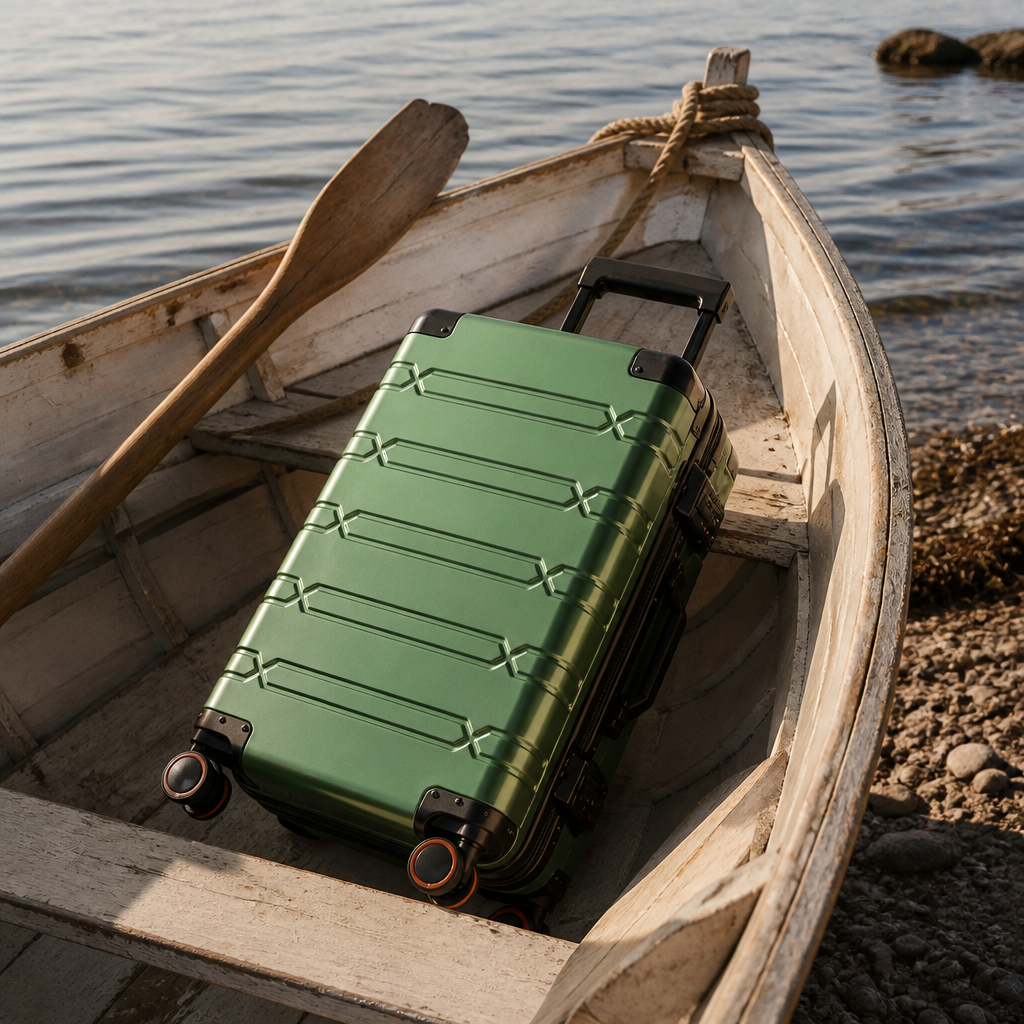 Valise soute en aluminium vert foncé — Berthe, photo lifestyle