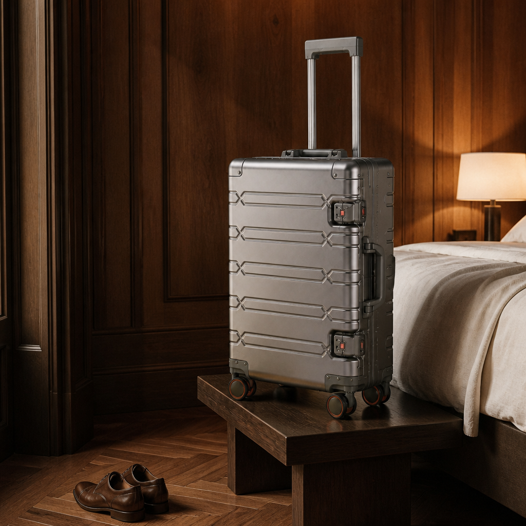 Valise soute en aluminium or titane — Léontine, photo lifestyle
