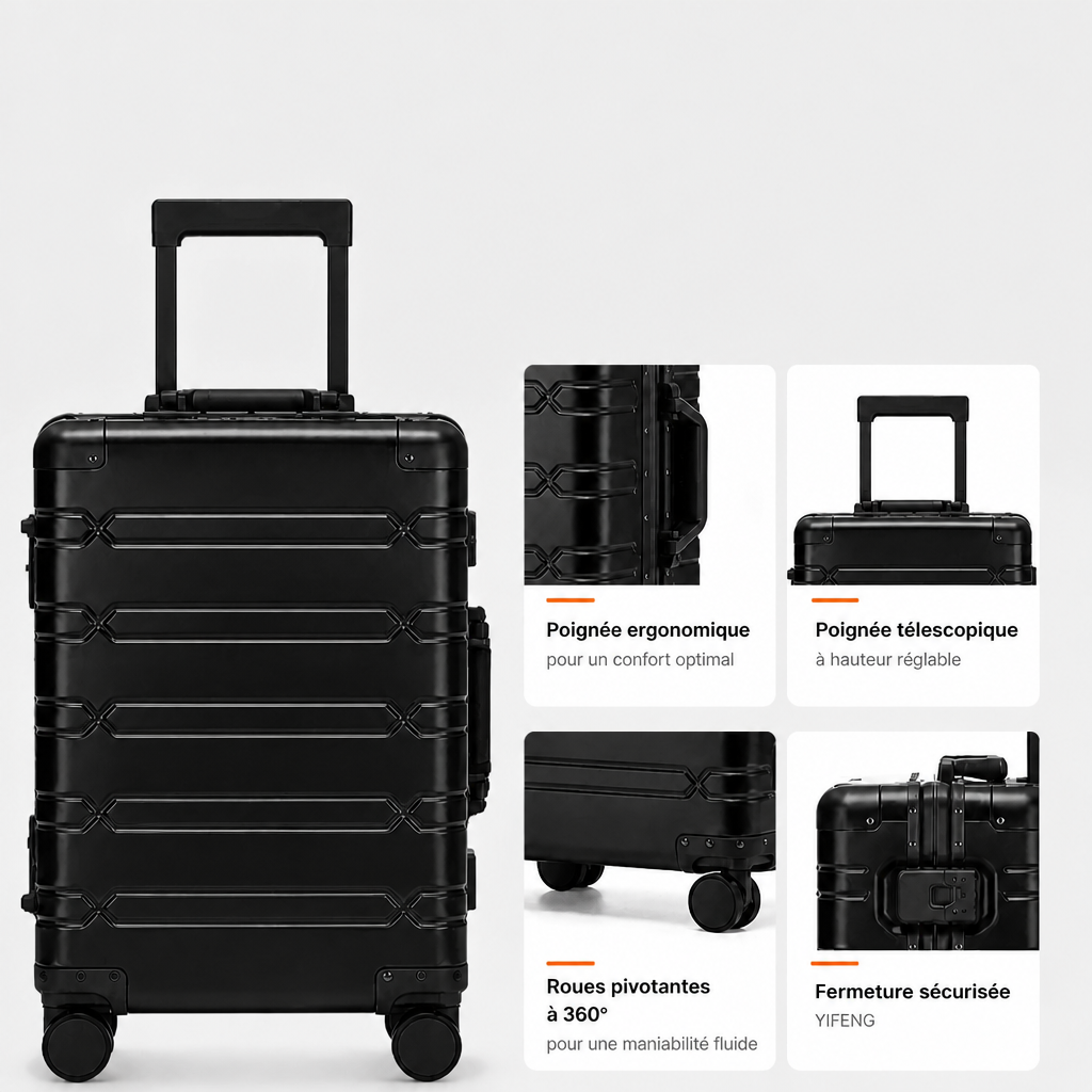 Valise cabine en aluminium noir, schéma FR