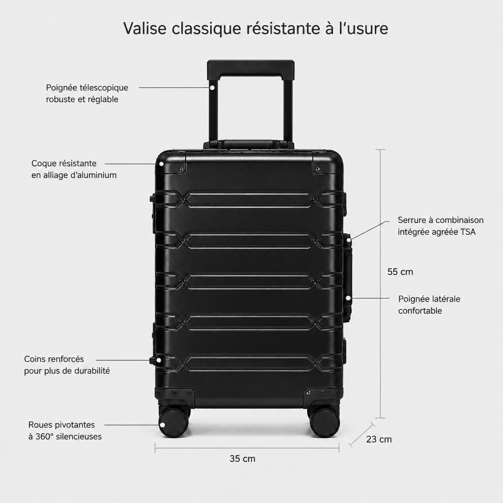 Valise cabine en aluminium noir, schéma FR