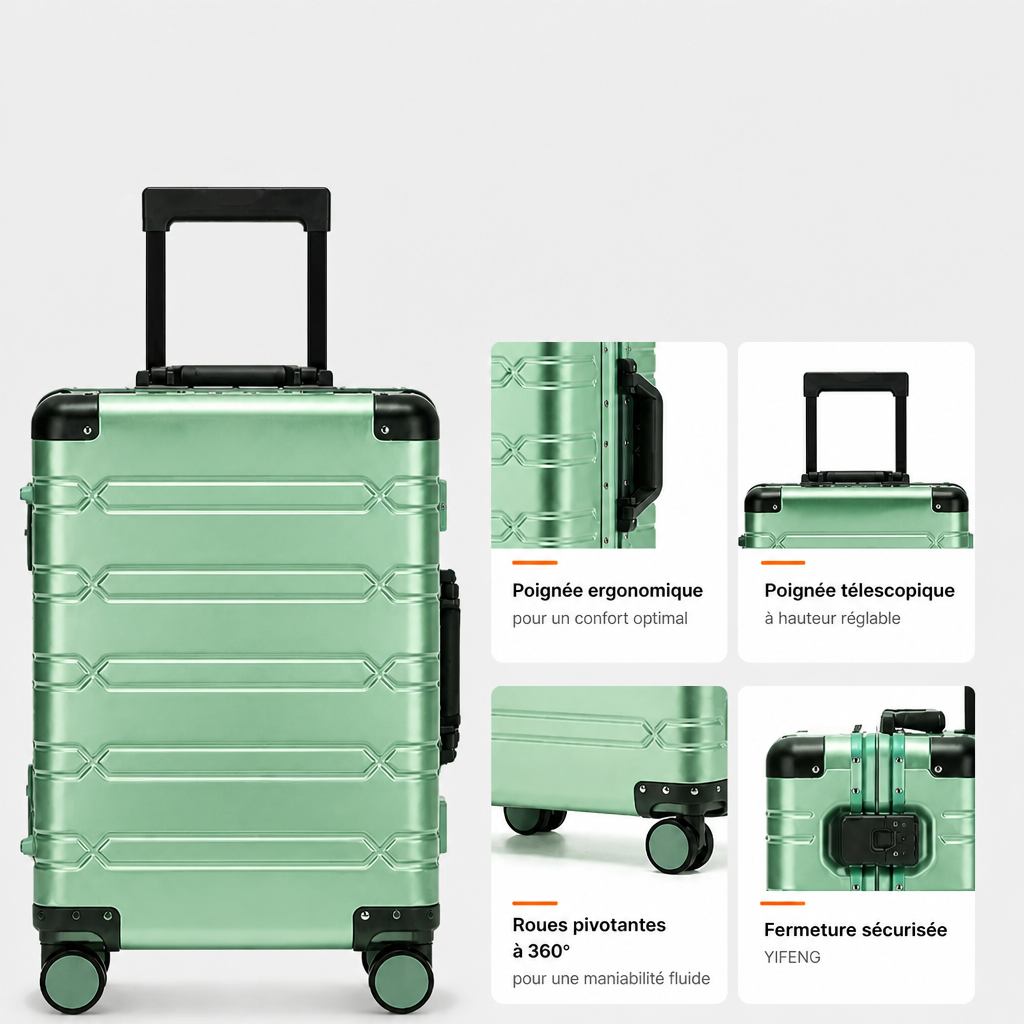 Valise cabine en aluminium verte, schéma FR