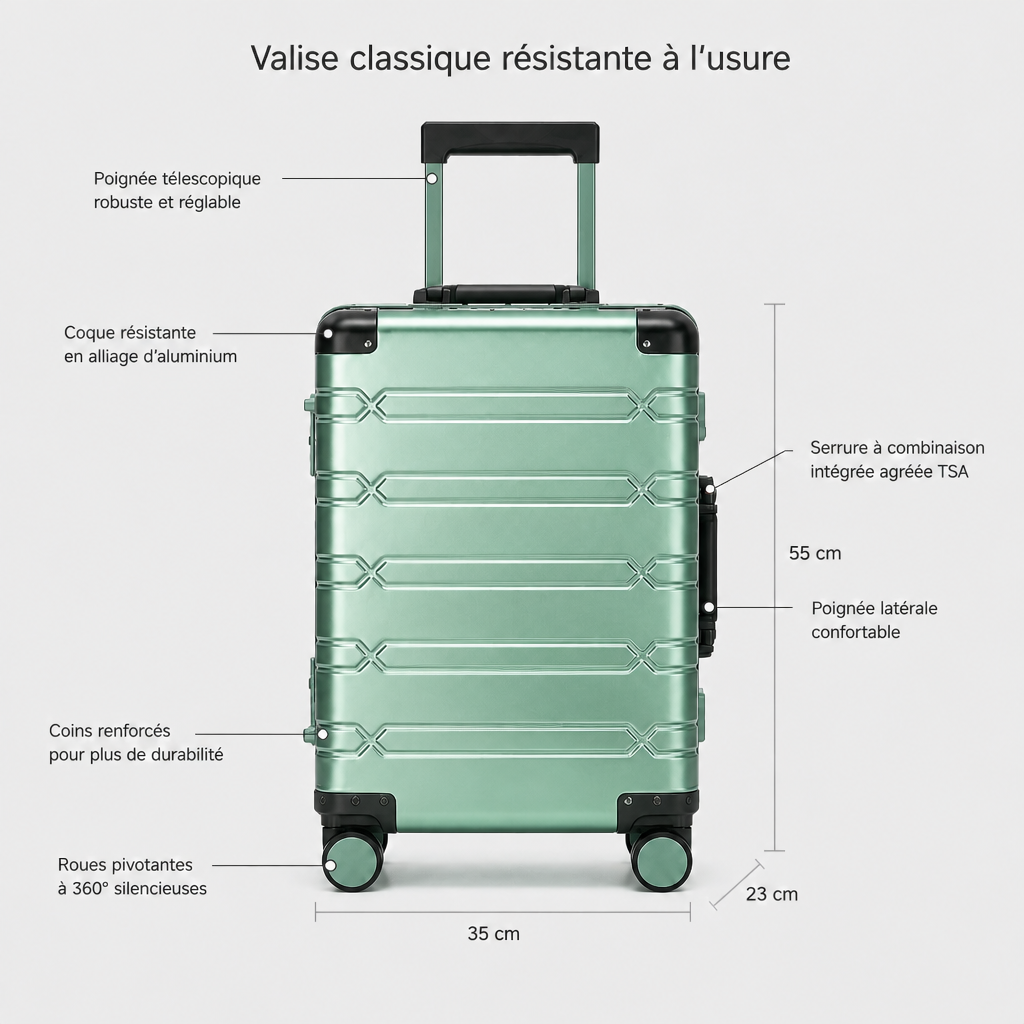 Valise cabine en aluminium verte, schéma FR