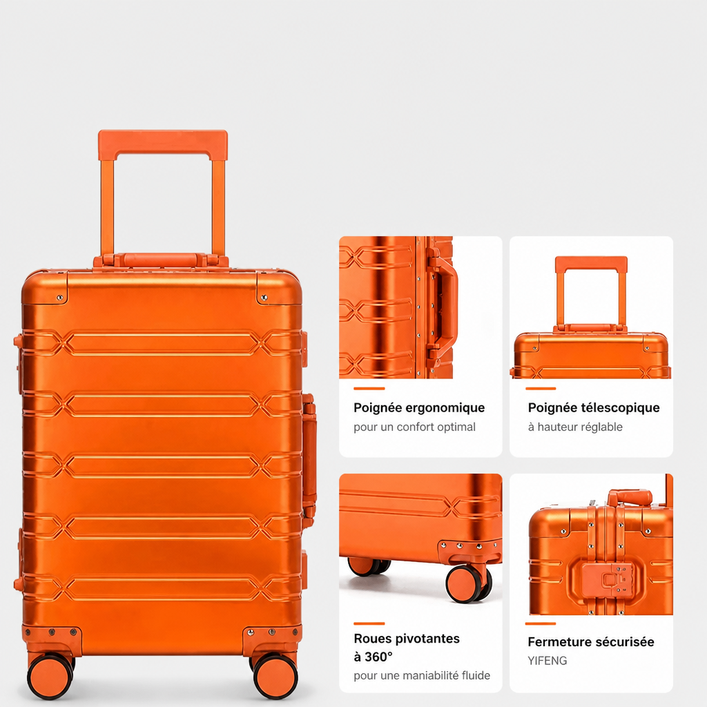 Valise cabine en aluminium orange, schéma FR
