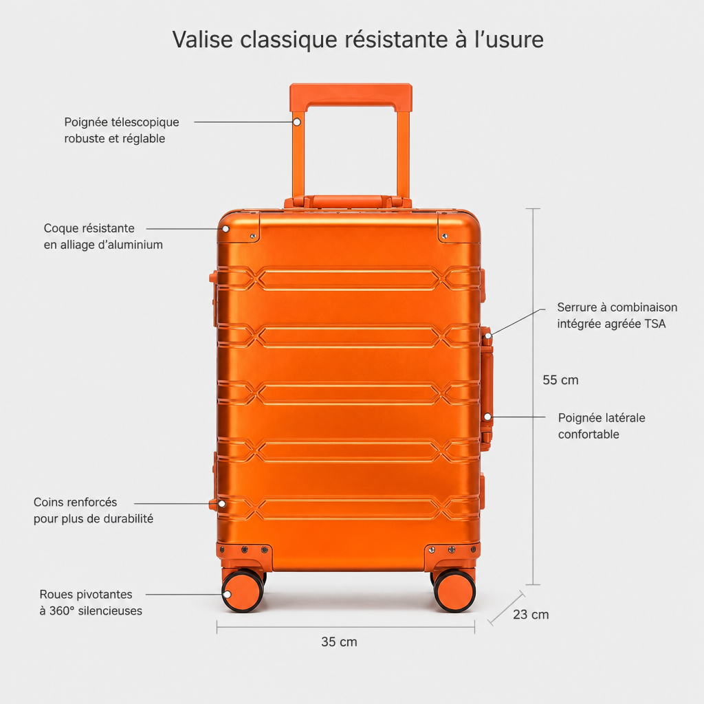 Valise cabine en aluminium orange, schéma FR