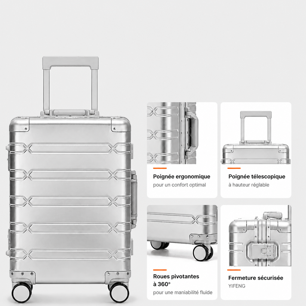 Valise cabine en aluminium argent, schéma FR