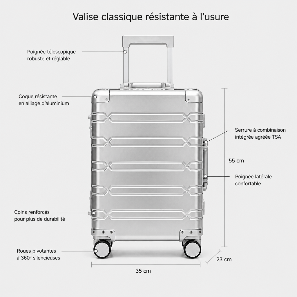 Valise cabine en aluminium argent, schéma FR
