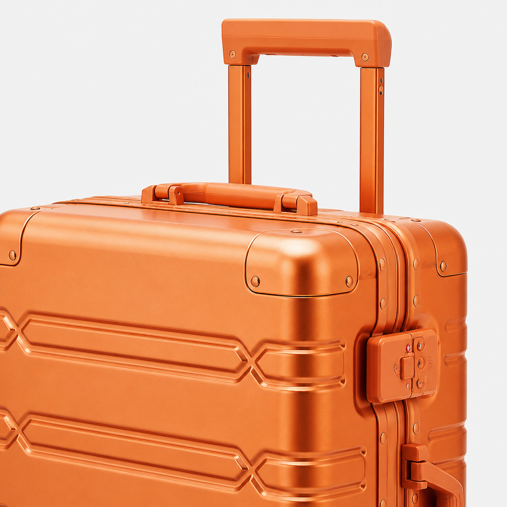 Valise cabine en aluminium orange, gros plan studio gris